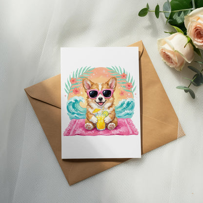 Corgi in sunglasses sips a drink on a beach with waves and palm trees.