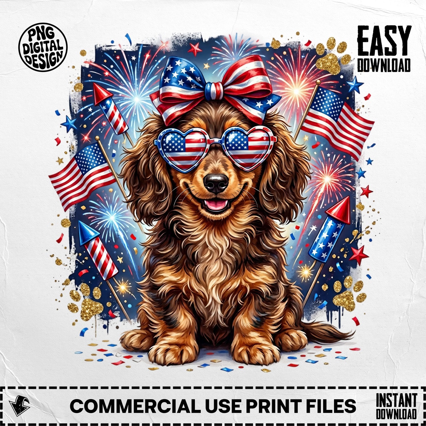 Dachshund wearing sunglasses and bow tie with fireworks and American flags.