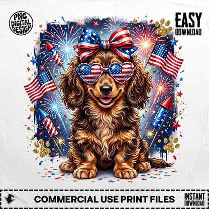 Dachshund wearing sunglasses and bow tie with fireworks and American flags.