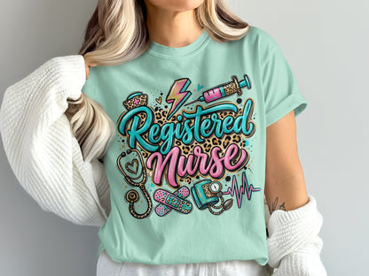 Registered Nurse graphic t-shirt with medical icons and bright lettering.