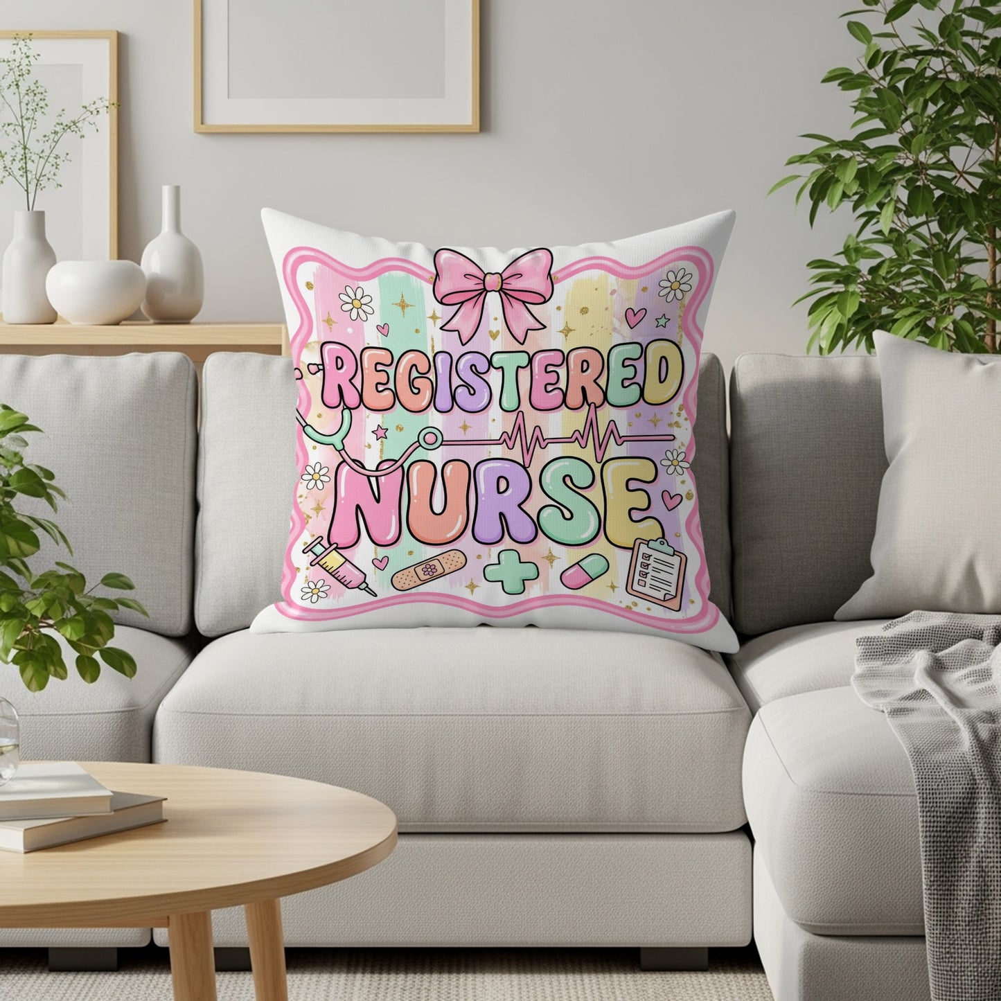Registered Nurse pillow with pastel medical icons and a bow.