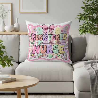 Registered Nurse pillow with pastel medical icons and a bow.