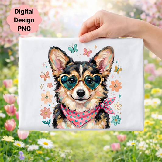 Corgi wearing heart-shaped sunglasses and bandana, surrounded by butterflies and flowers.