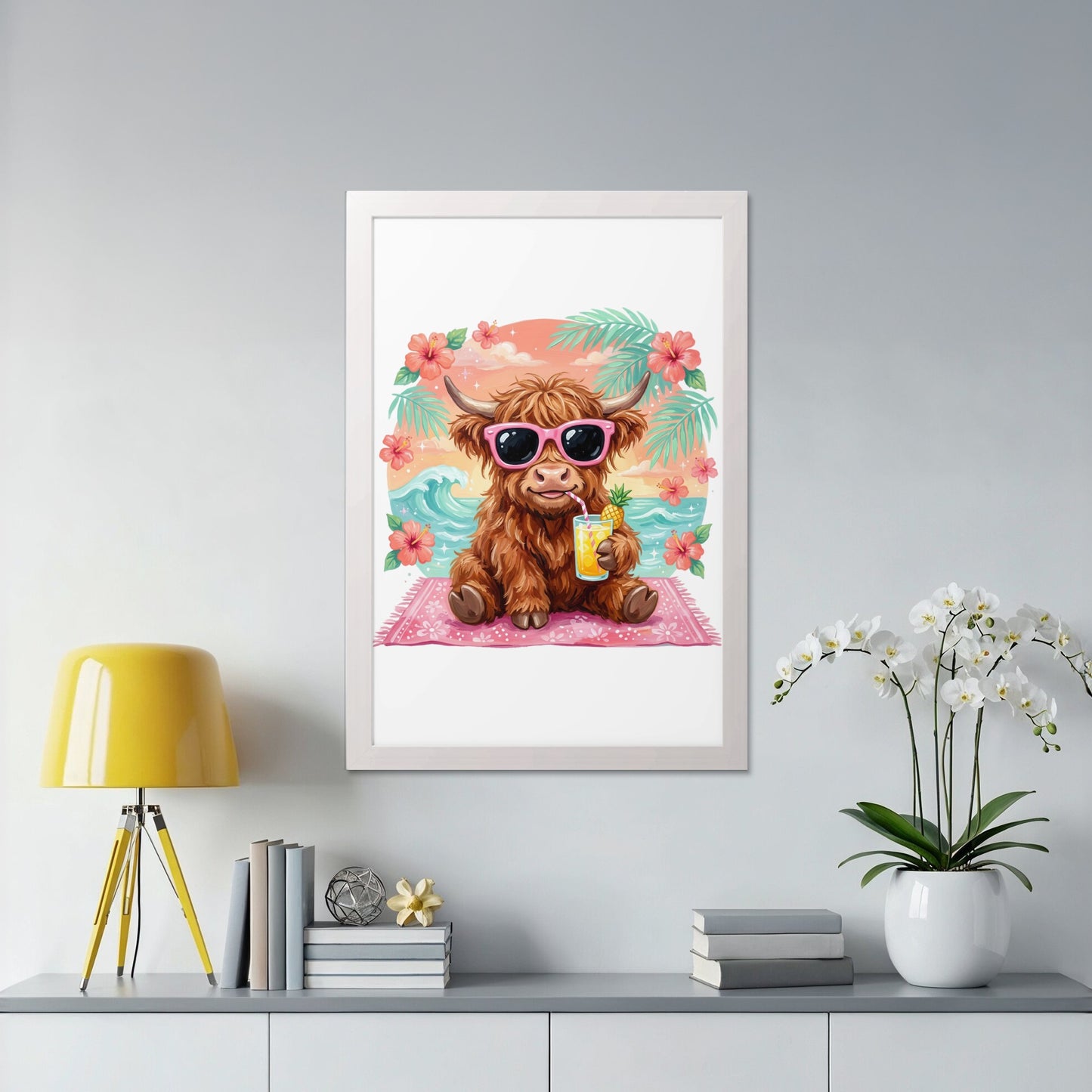 Highland cow wearing sunglasses, holding a drink on a beach.