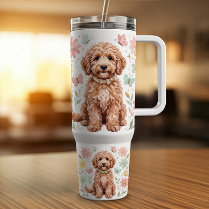 White tumbler with a brown doodle dog and floral pattern.
