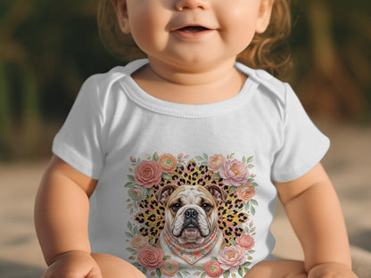 Baby wearing white bodysuit with bulldog, floral, and leopard print graphic.