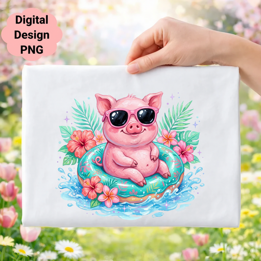 Pink pig wearing sunglasses floats in a tropical inner tube.