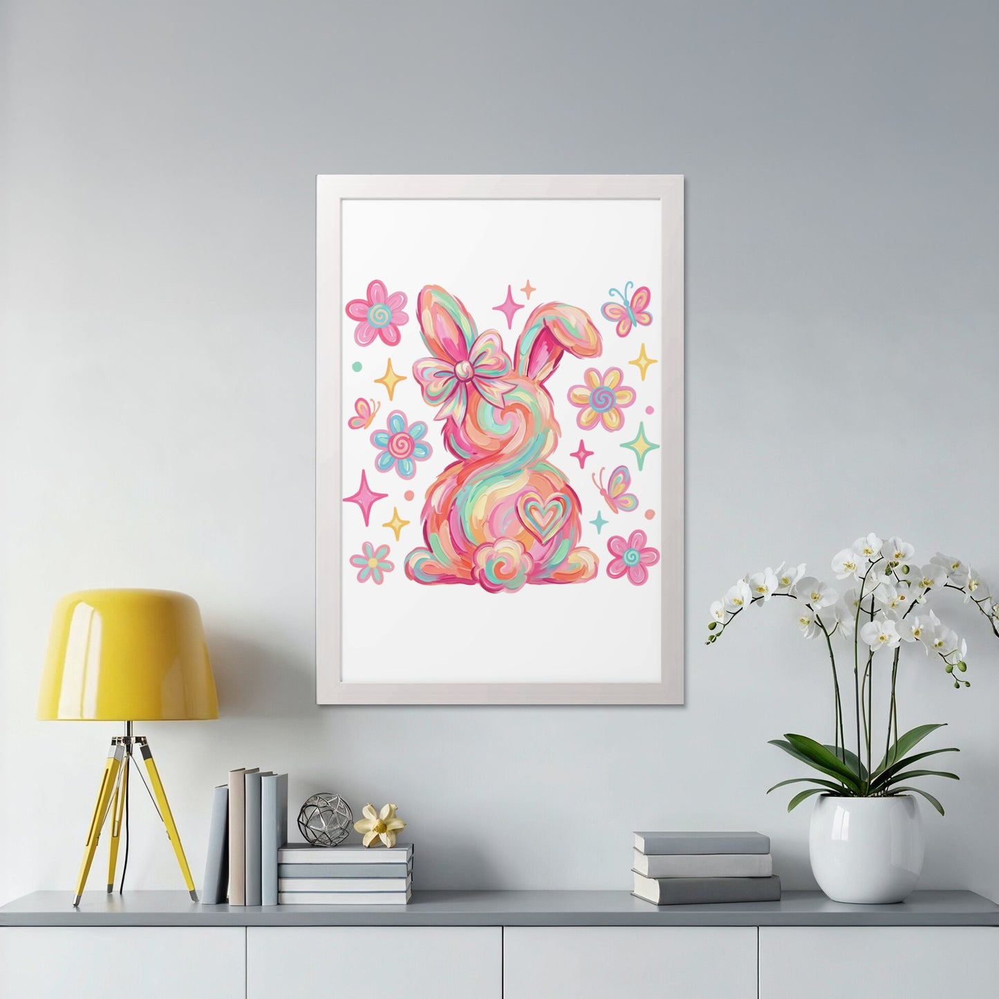 Framed colorful Easter bunny with butterflies and flowers.