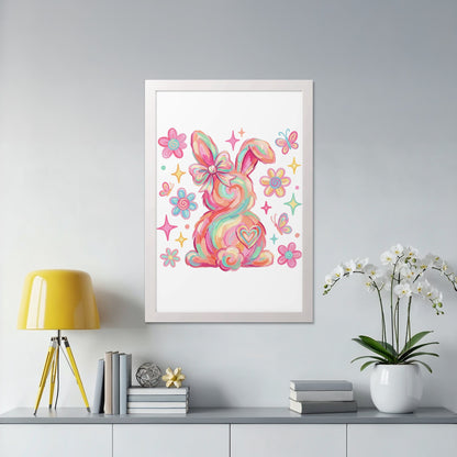 Framed colorful Easter bunny with butterflies and flowers.