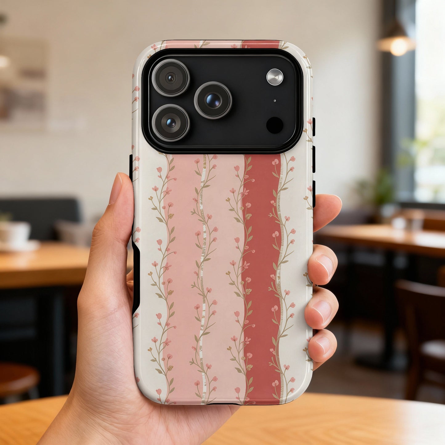 iPhone case with a vertical pink floral stripe pattern.