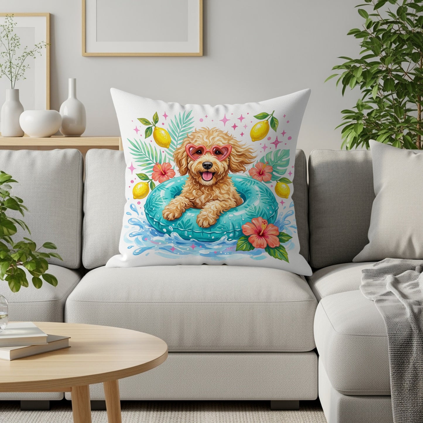 Poodle wearing heart-shaped sunglasses in a pool float, with lemons and hibiscus flowers.