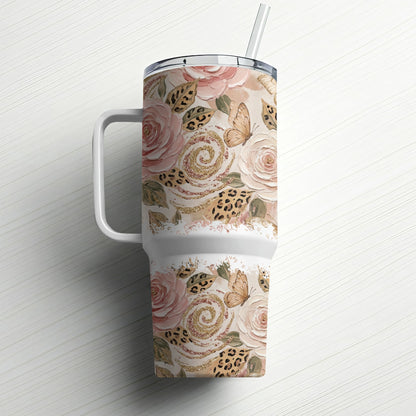 Tumbler with floral and butterfly pattern, white handle, and straw.
