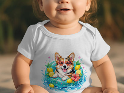 White baby onesie with a cartoon corgi in sunglasses on a float.