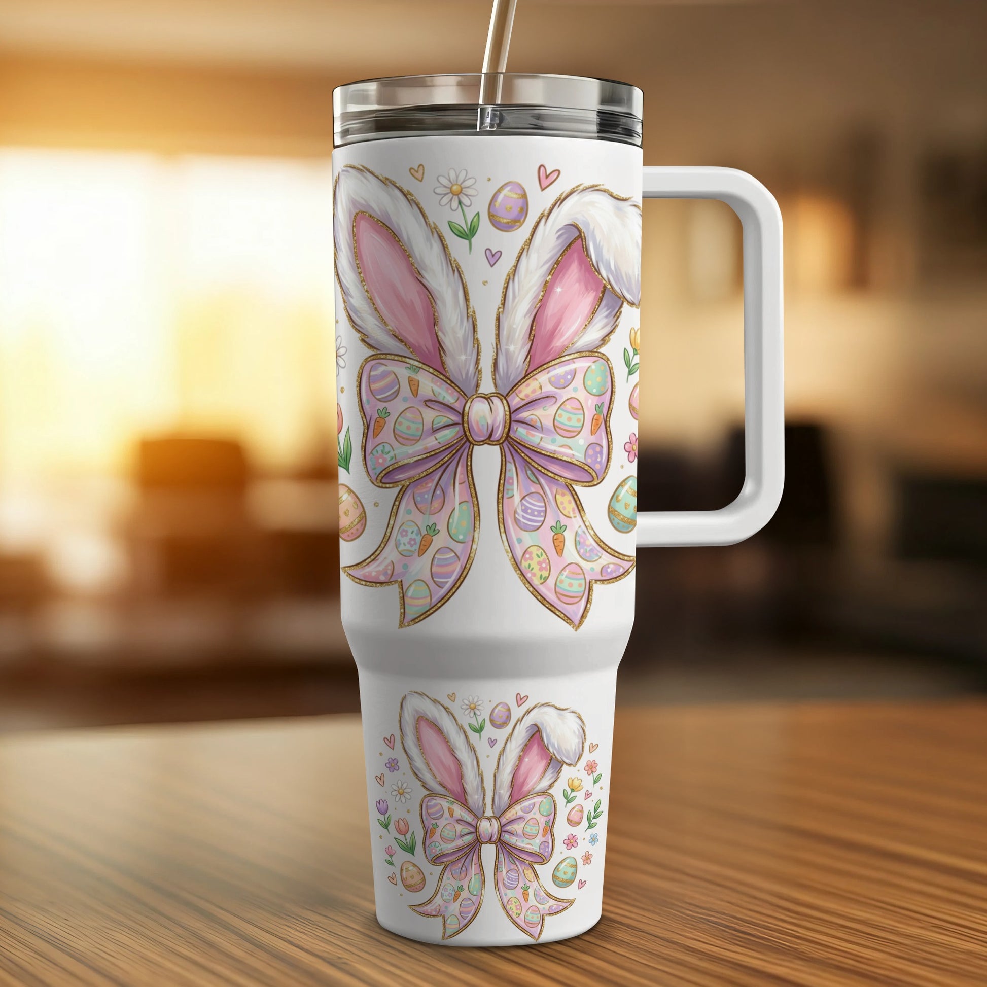 White tumbler with pink bunny ears, Easter eggs, and floral accents.