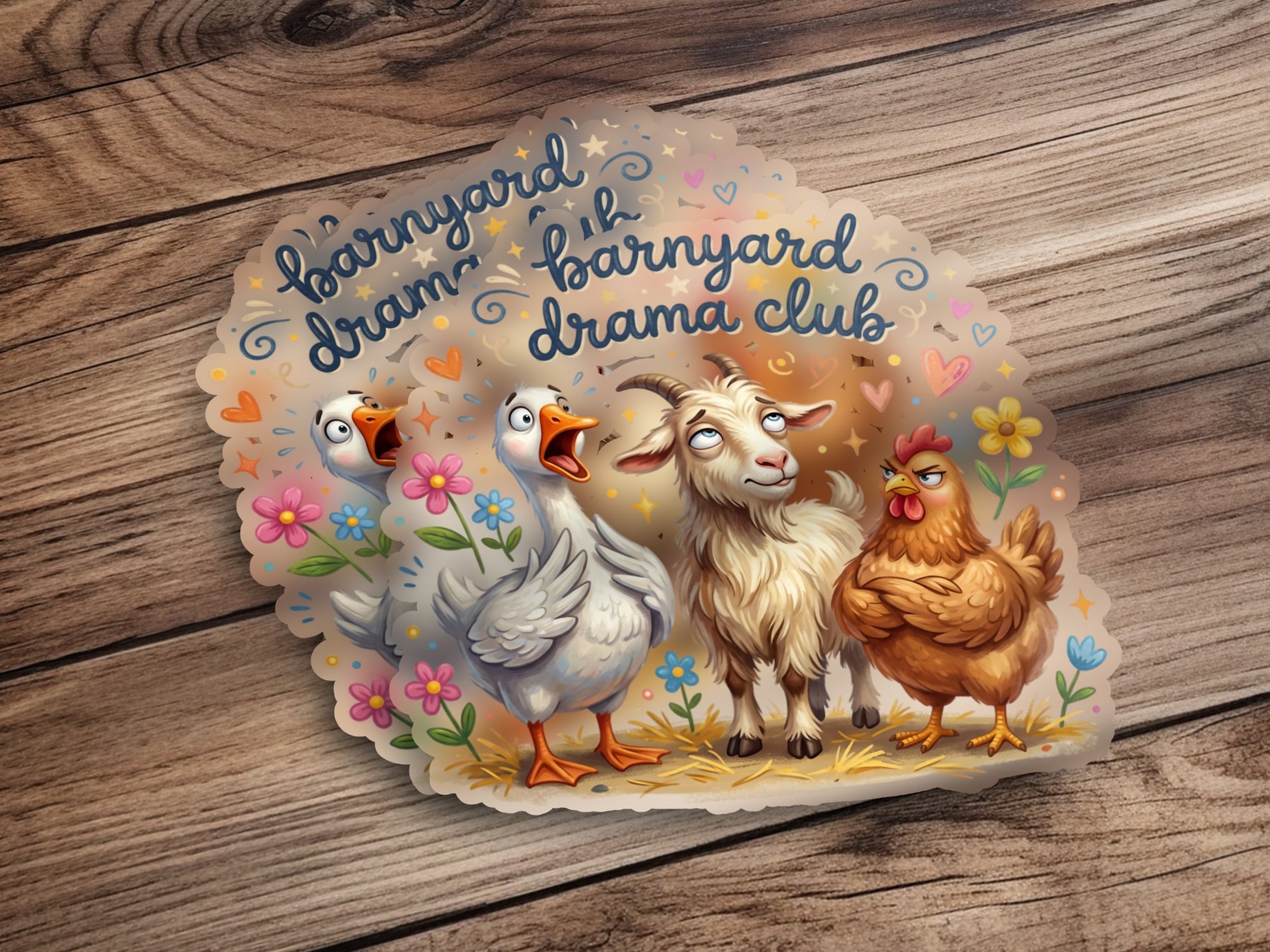 Barnyard Drama Club sticker with cartoon geese, goat, and chicken.