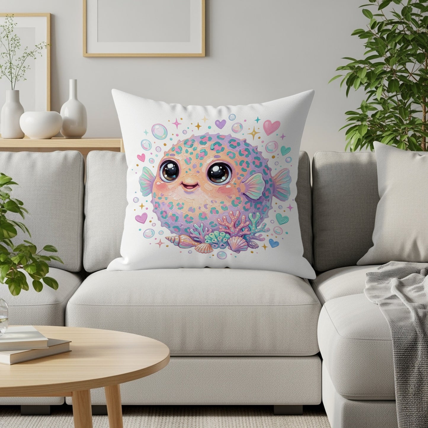 Cute cartoon pufferfish with hearts and bubbles on a decorative pillow.