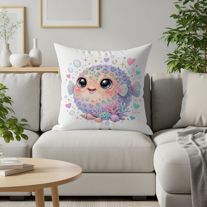 Cute cartoon pufferfish with hearts and bubbles on a decorative pillow.