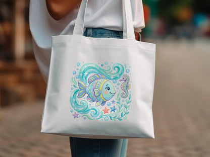 White tote bag with colorful fish and seahorse illustration.