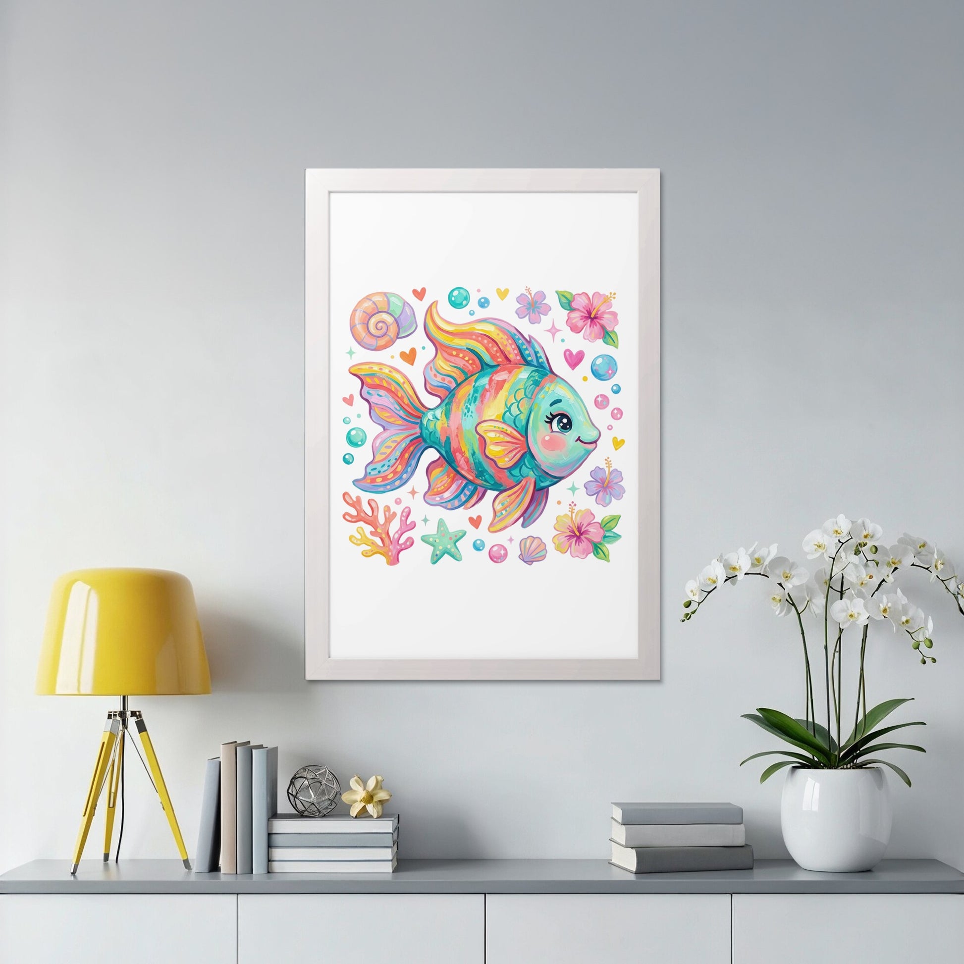 Colorful cartoon fish illustration with seashells and coral in a white frame.