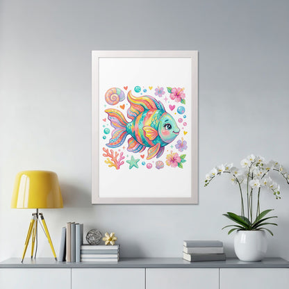 Colorful cartoon fish illustration with seashells and coral in a white frame.