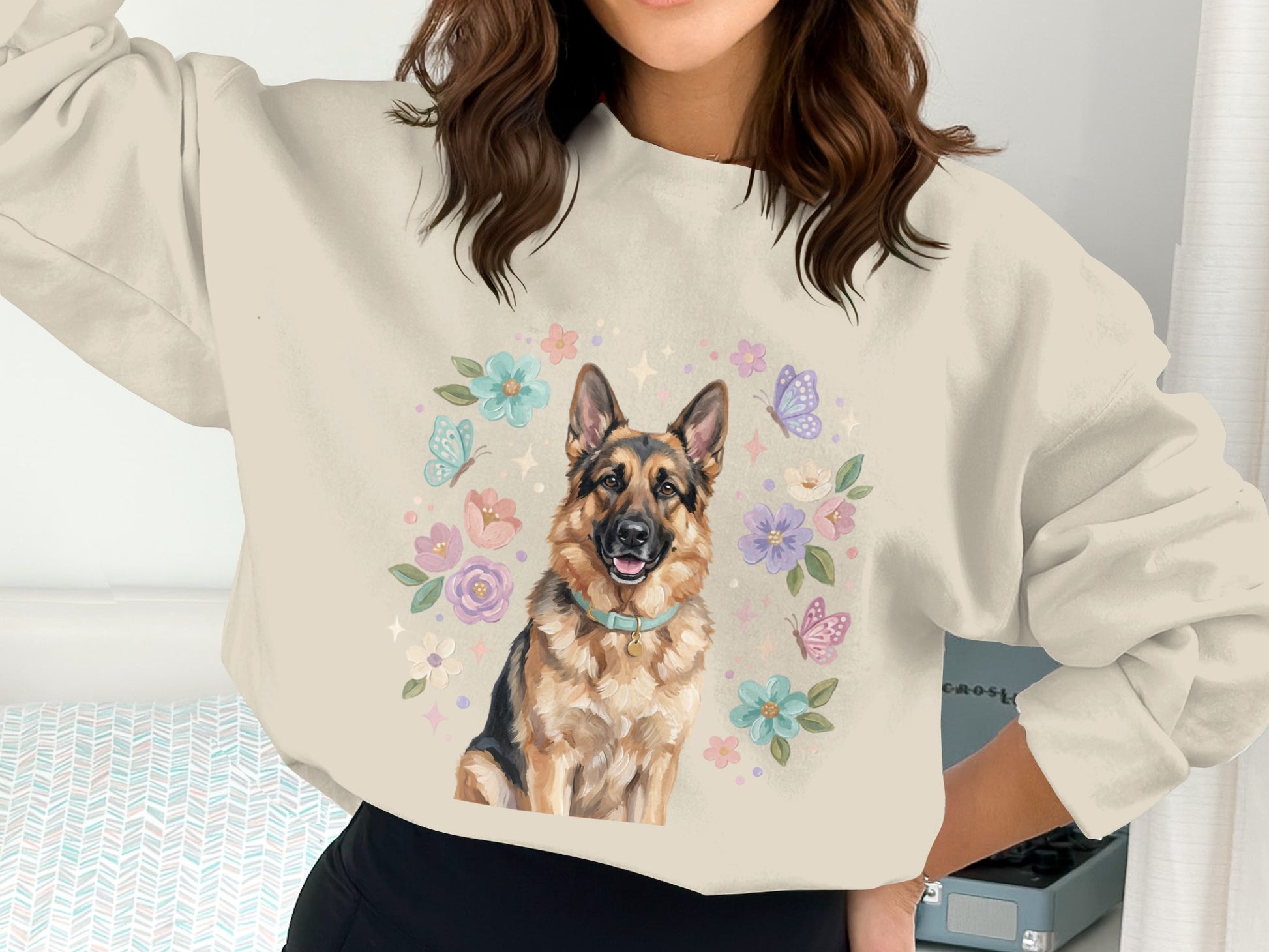 Crewneck sweatshirt with German Shepherd surrounded by pastel flowers and butterflies.