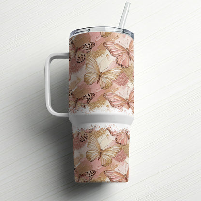 Travel tumbler with pastel butterflies and gold accents.