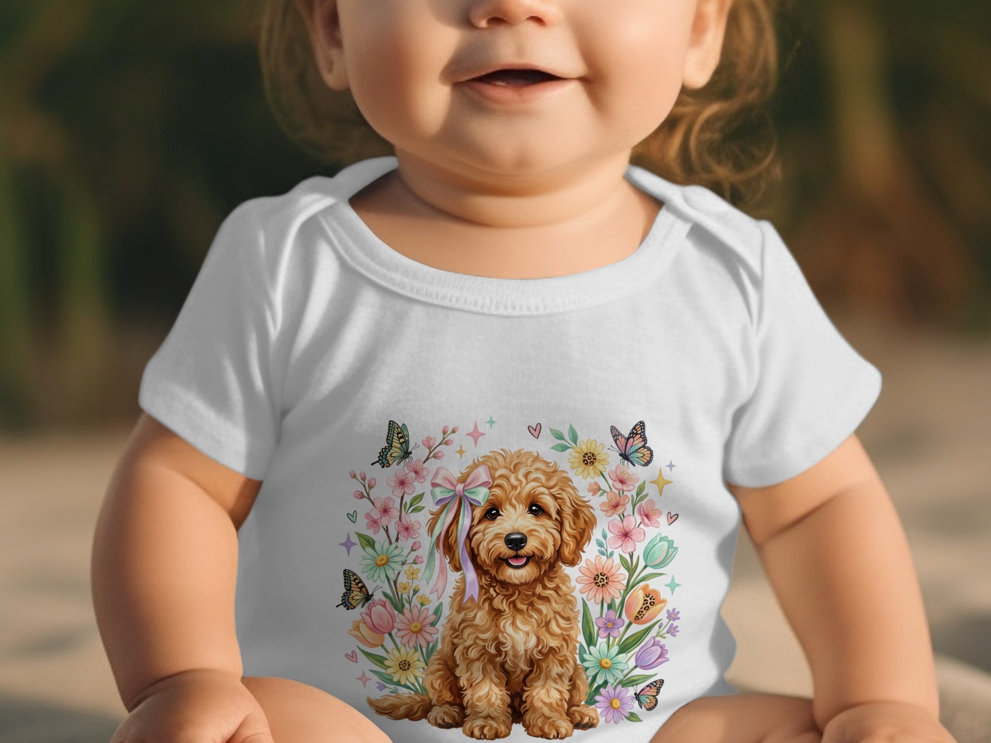 Baby wearing white onesie with doodle dog and floral design.