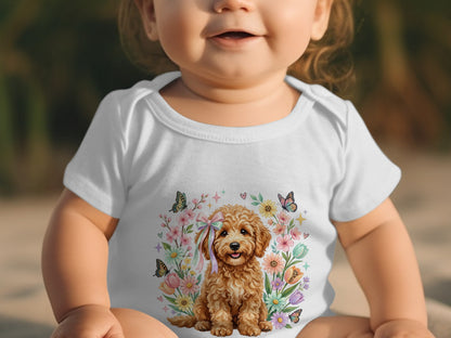 Baby wearing white onesie with doodle dog and floral design.