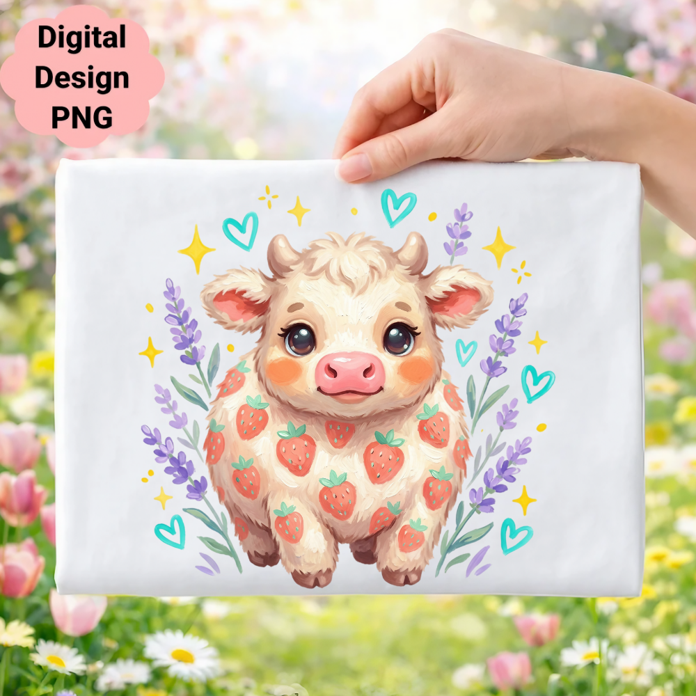 Kawaii strawberry cow surrounded by lavender and hearts.