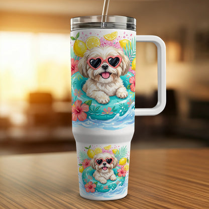 Dog in heart sunglasses on inflatable float with tropical flowers and lemons.