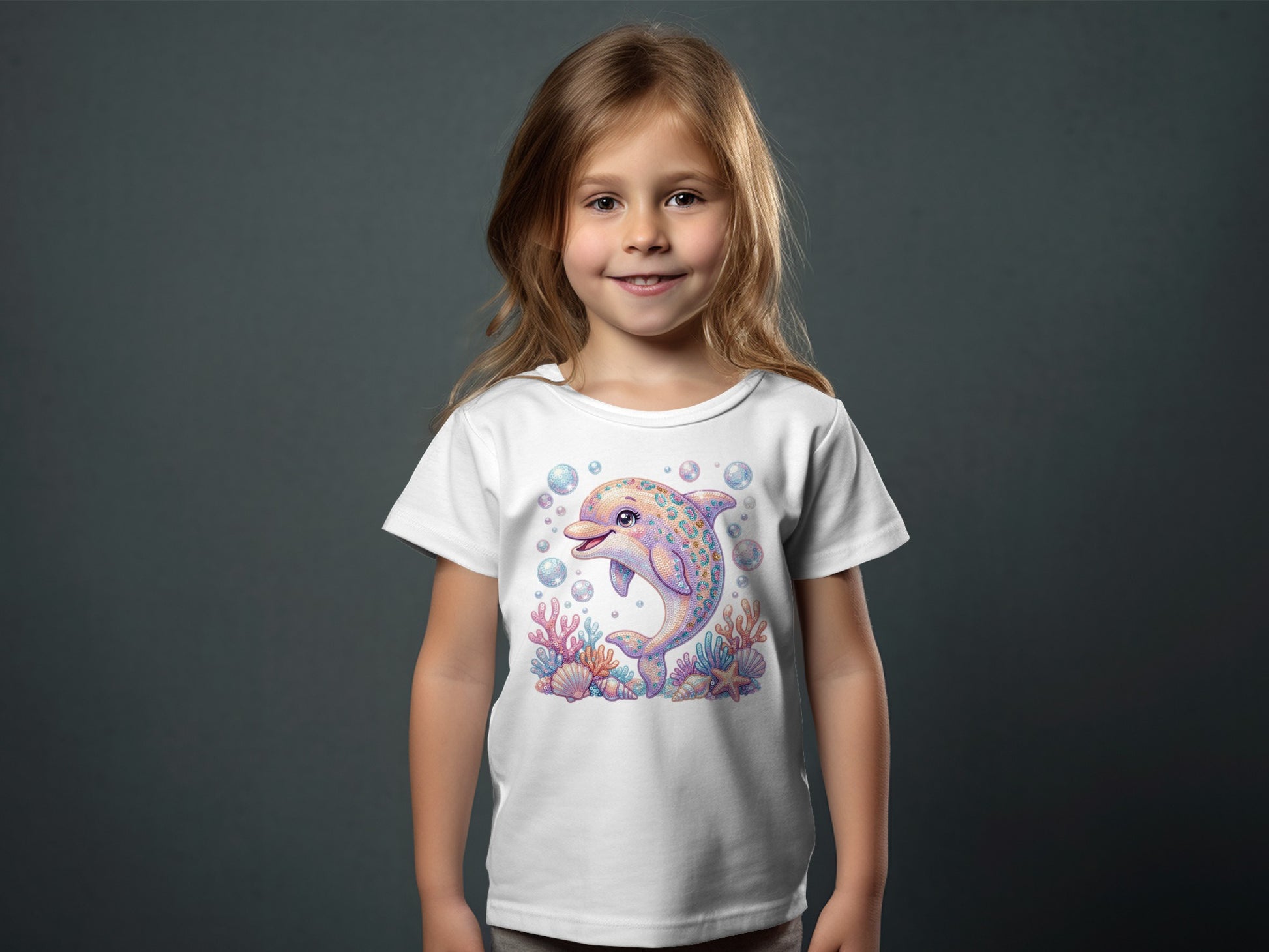 Child wearing white t-shirt with colorful dolphin and coral reef graphic.