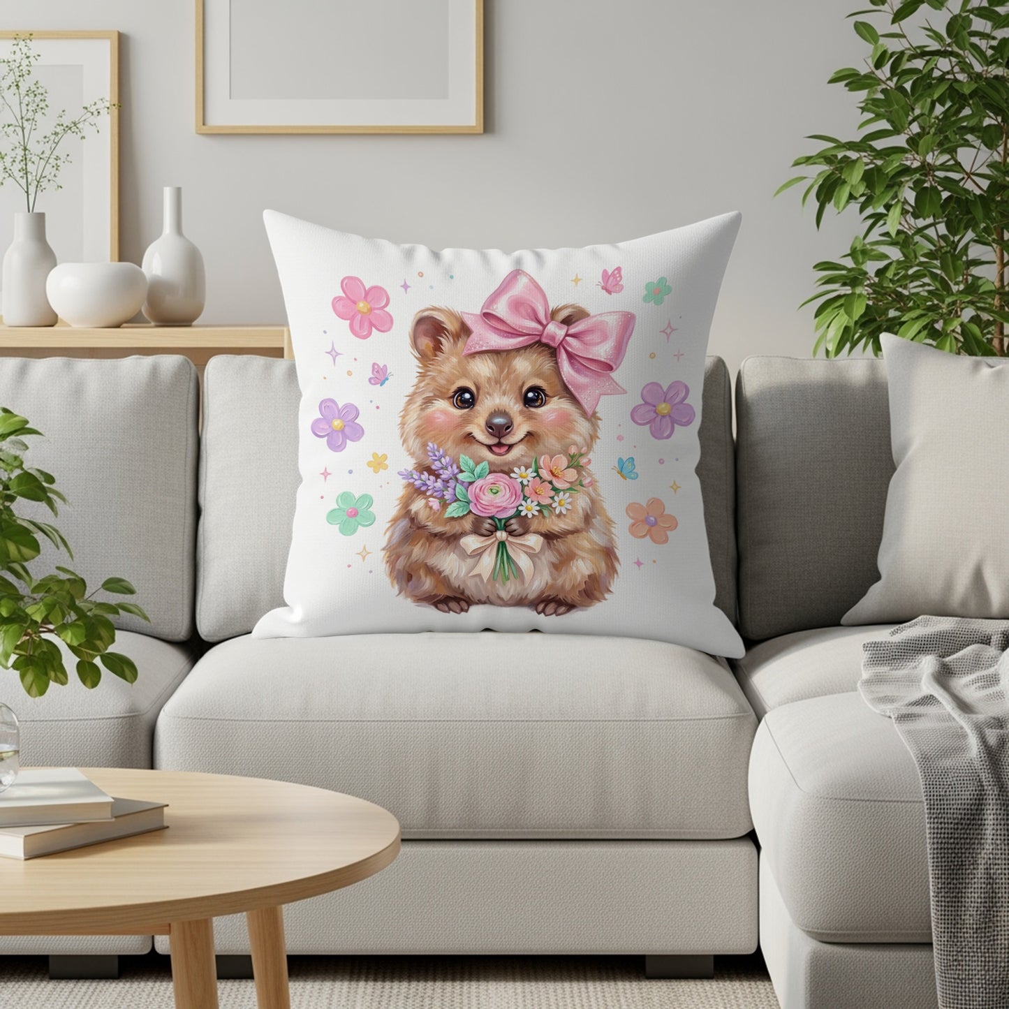 Quokka wearing a pink bow, holding a bouquet of flowers, with butterflies.