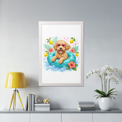 Golden doodle wearing heart sunglasses in a blue inflatable ring with flowers.