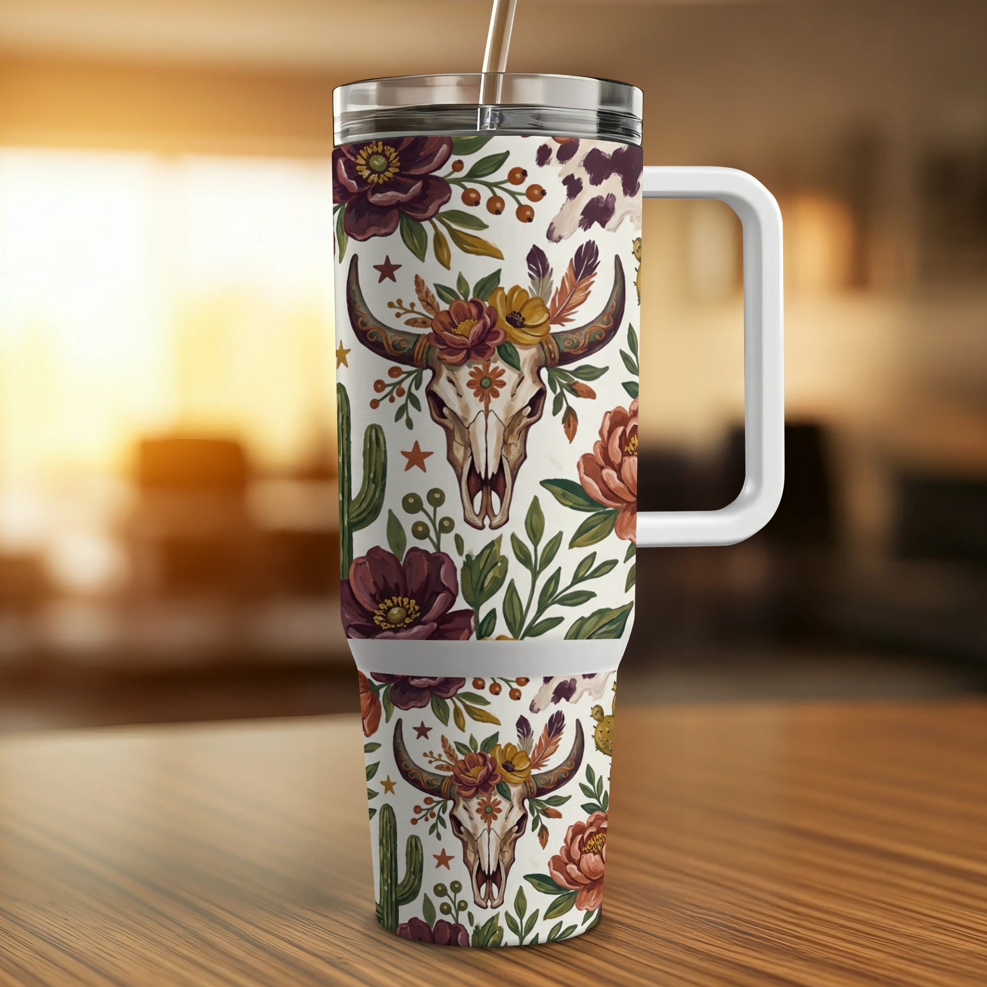 Cow skull with floral and feather accents on a patterned tumbler.
