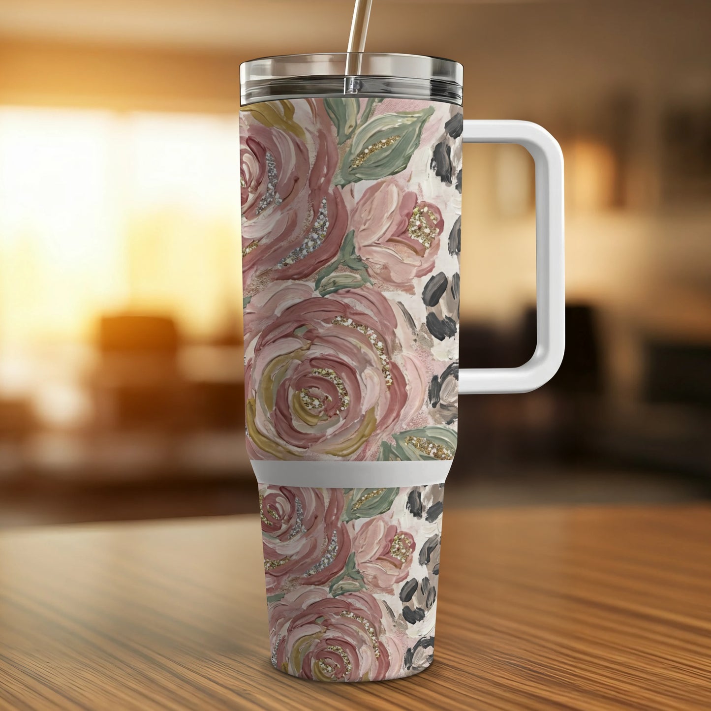 Floral and leopard print insulated tumbler with handle and straw.