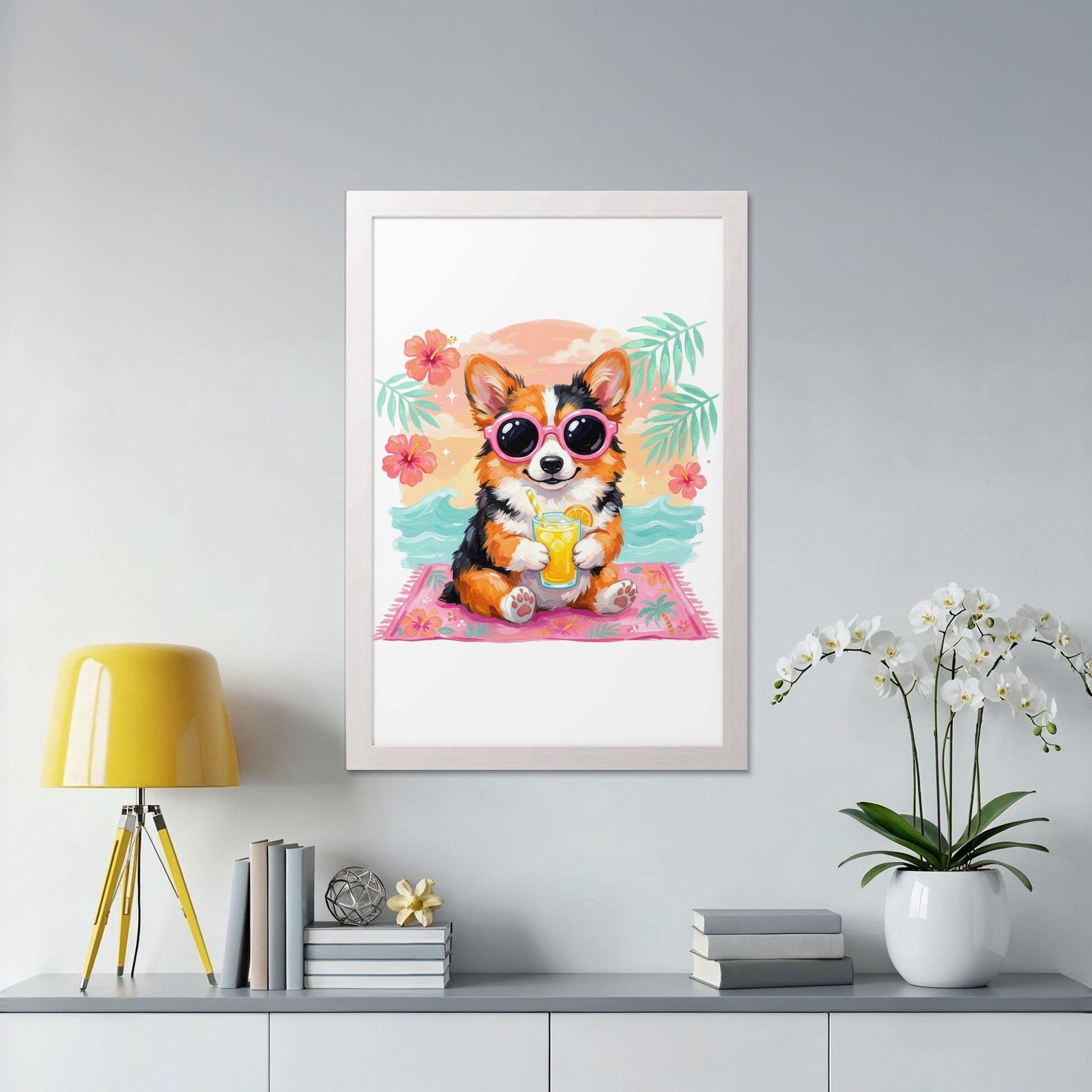 Cute corgi wearing sunglasses drinks juice on a pink mat.