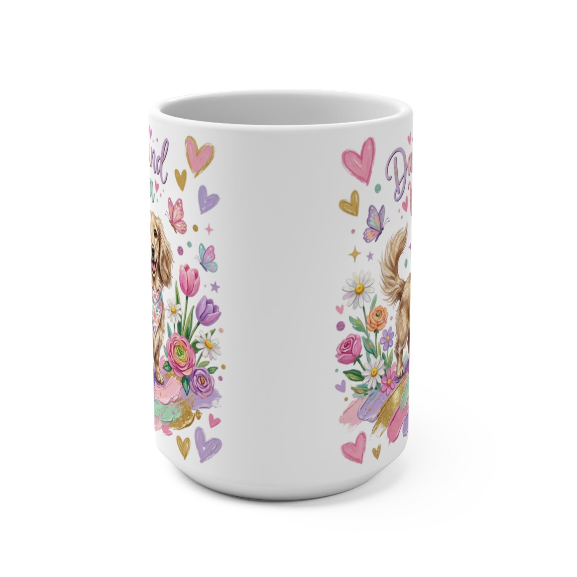 Mug with golden retriever puppy, flowers, and hearts, "Best Dog Mom Ever" text.