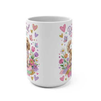 Mug with golden retriever puppy, flowers, and hearts, "Best Dog Mom Ever" text.