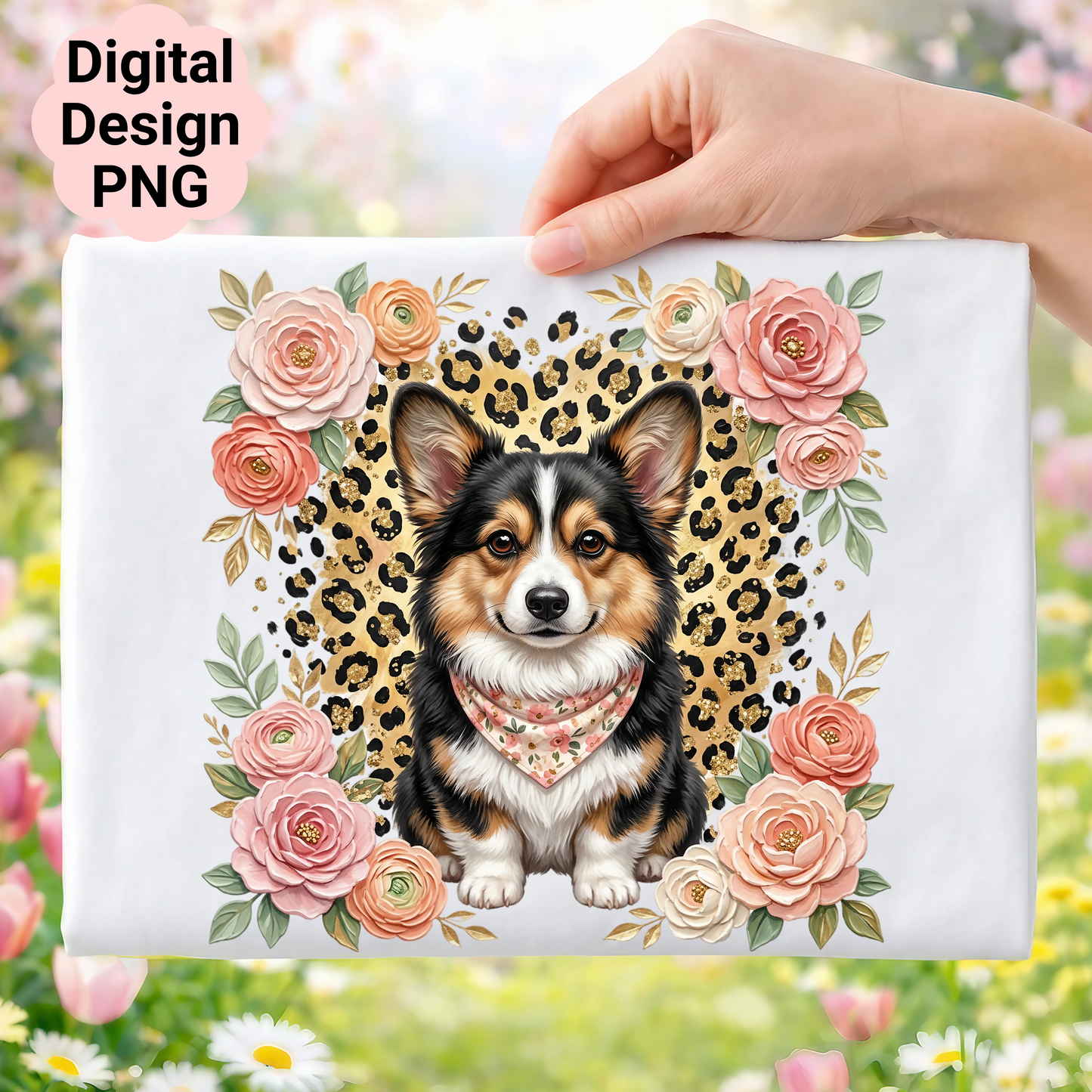 Corgi wearing bandana surrounded by pink roses and leopard print.