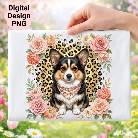 Corgi wearing bandana surrounded by pink roses and leopard print.