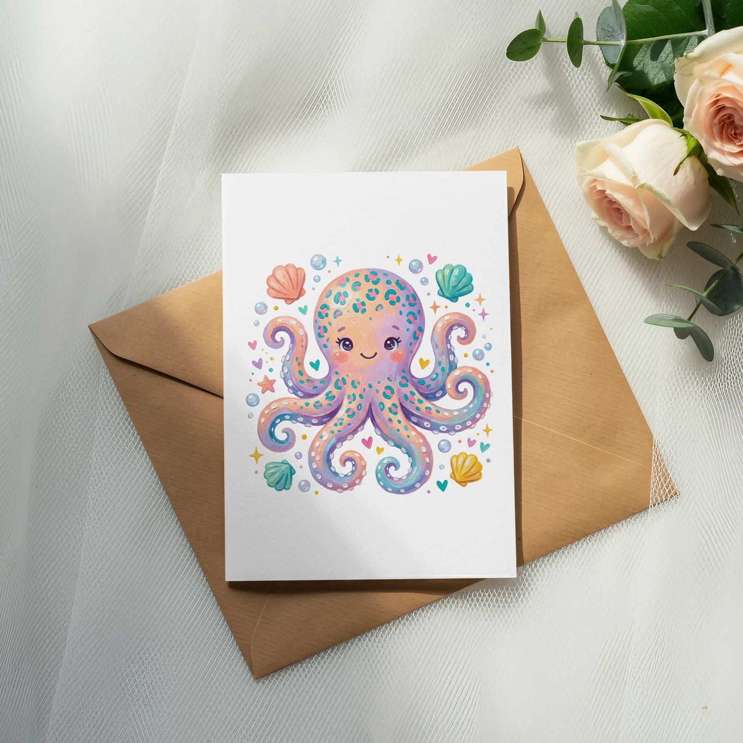 Cute cartoon octopus with seashells and bubbles on a greeting card.