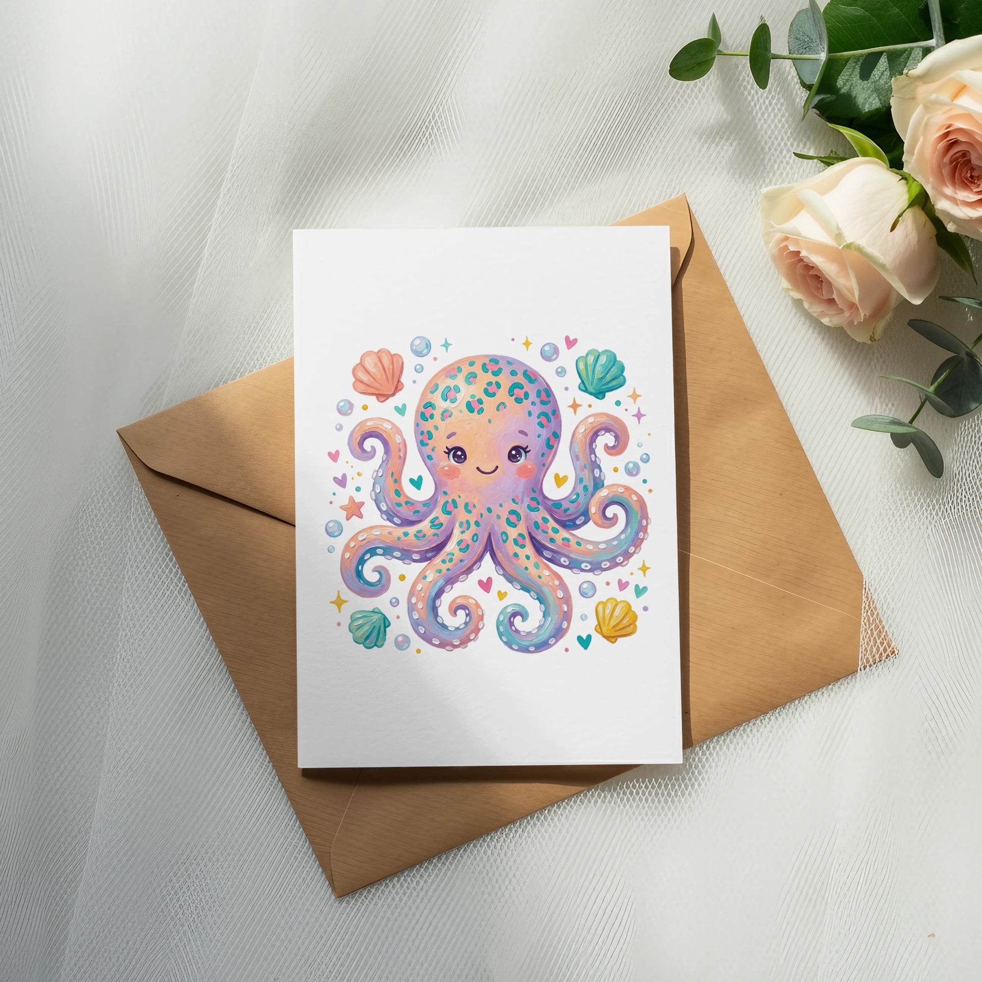 Cute cartoon octopus with seashells and bubbles on a greeting card.