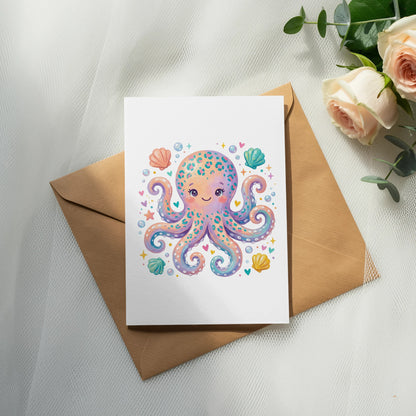 Cute cartoon octopus with seashells and bubbles on a greeting card.