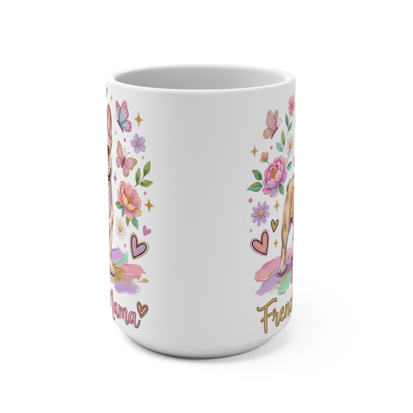 Mug with French Bulldog, flowers, and "Mama" text.