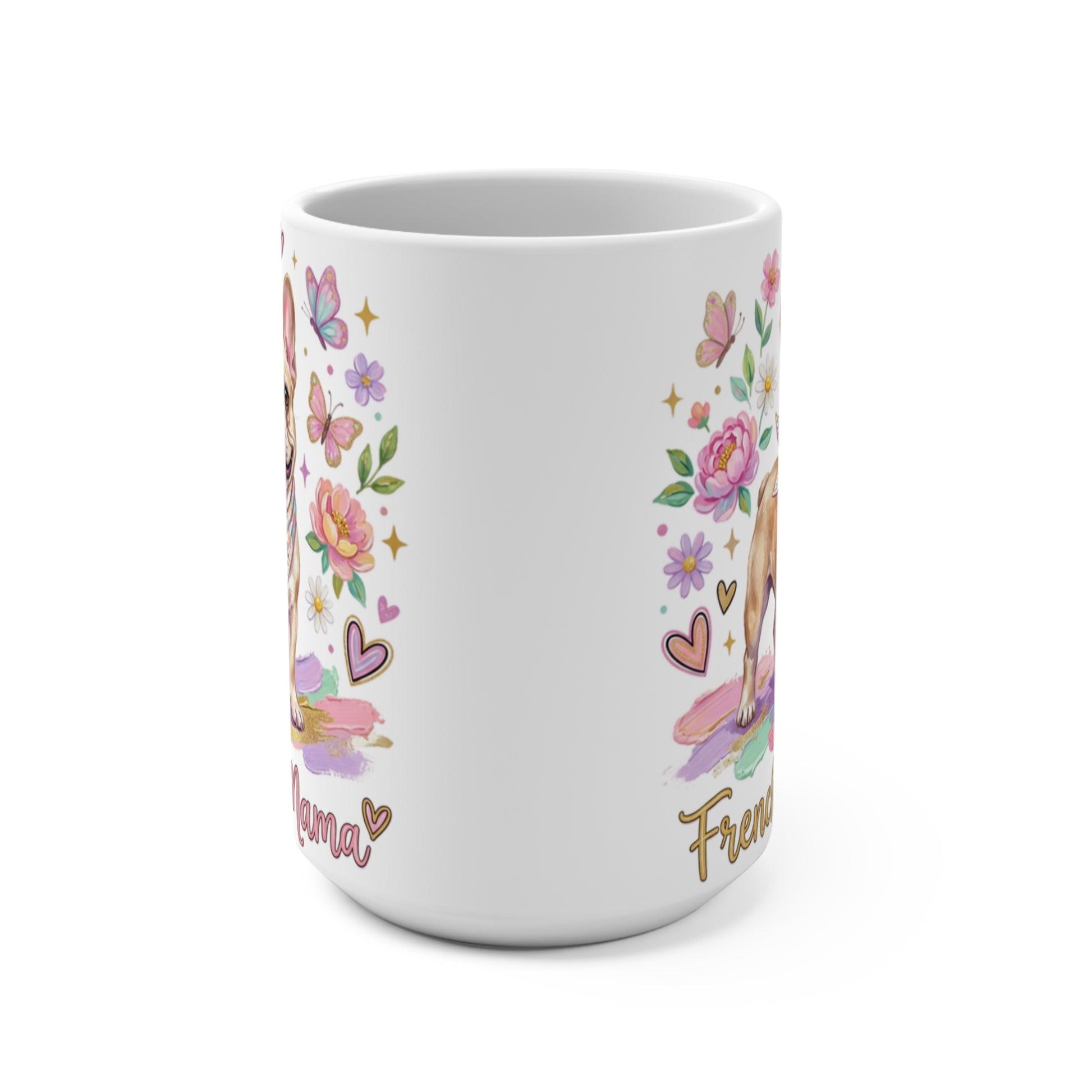 Mug with French Bulldog, flowers, and "Mama" text.
