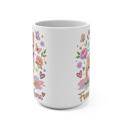 Mug with French Bulldog, flowers, and "Mama" text.