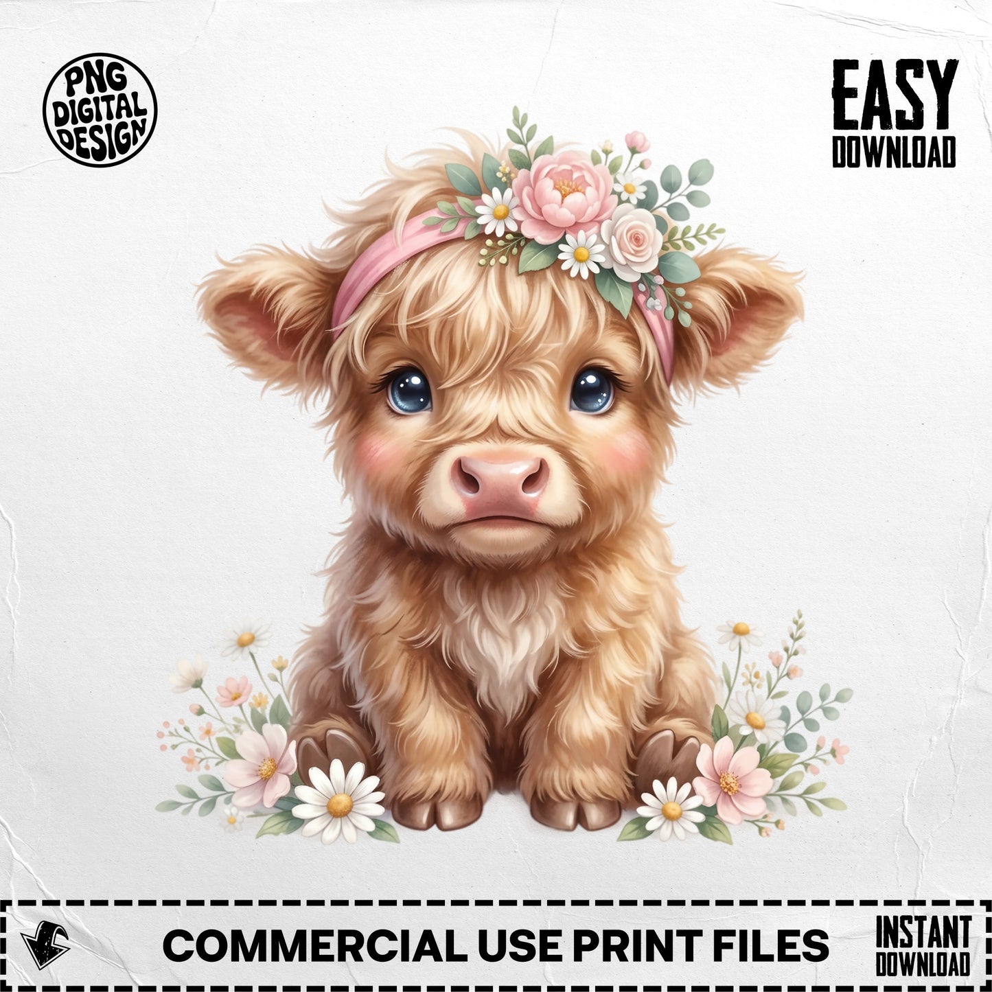 Fluffy baby Highland cow with flower crown, "EASY DOWNLOAD" text.