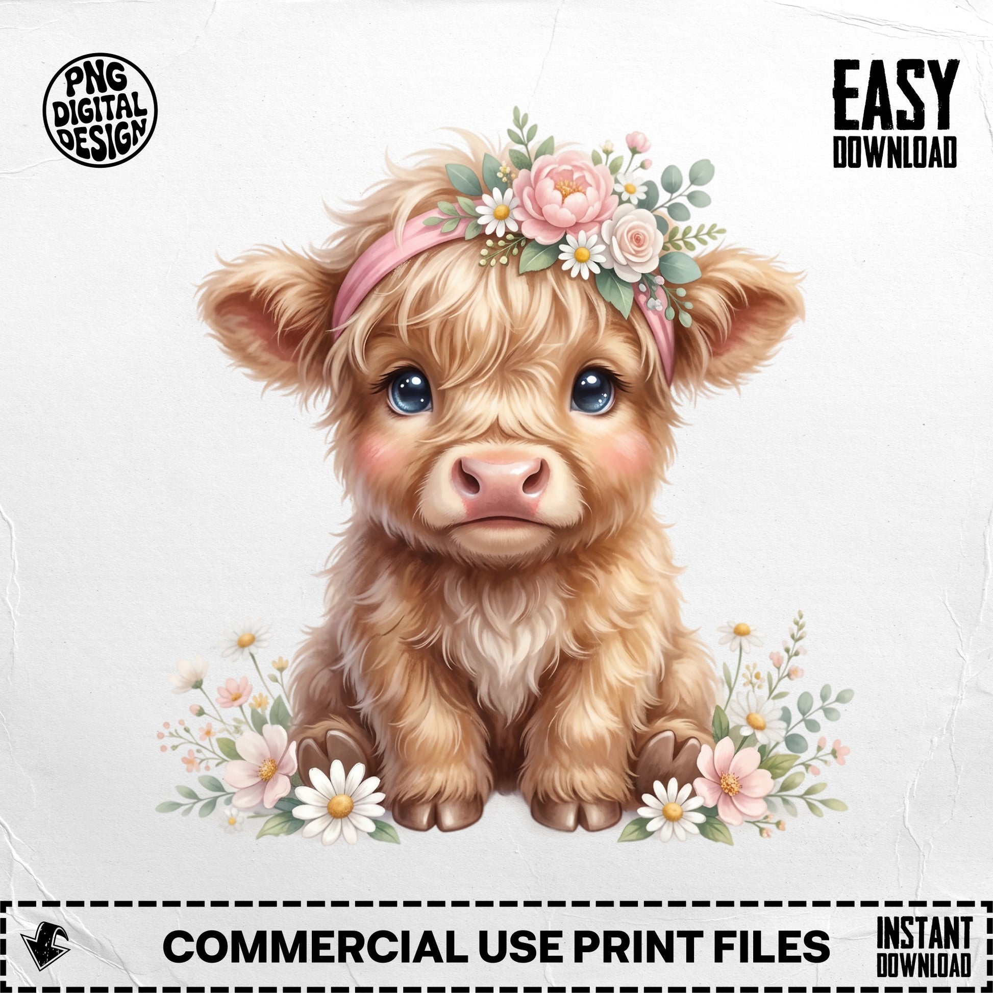 Fluffy baby Highland cow with flower crown, "EASY DOWNLOAD" text.