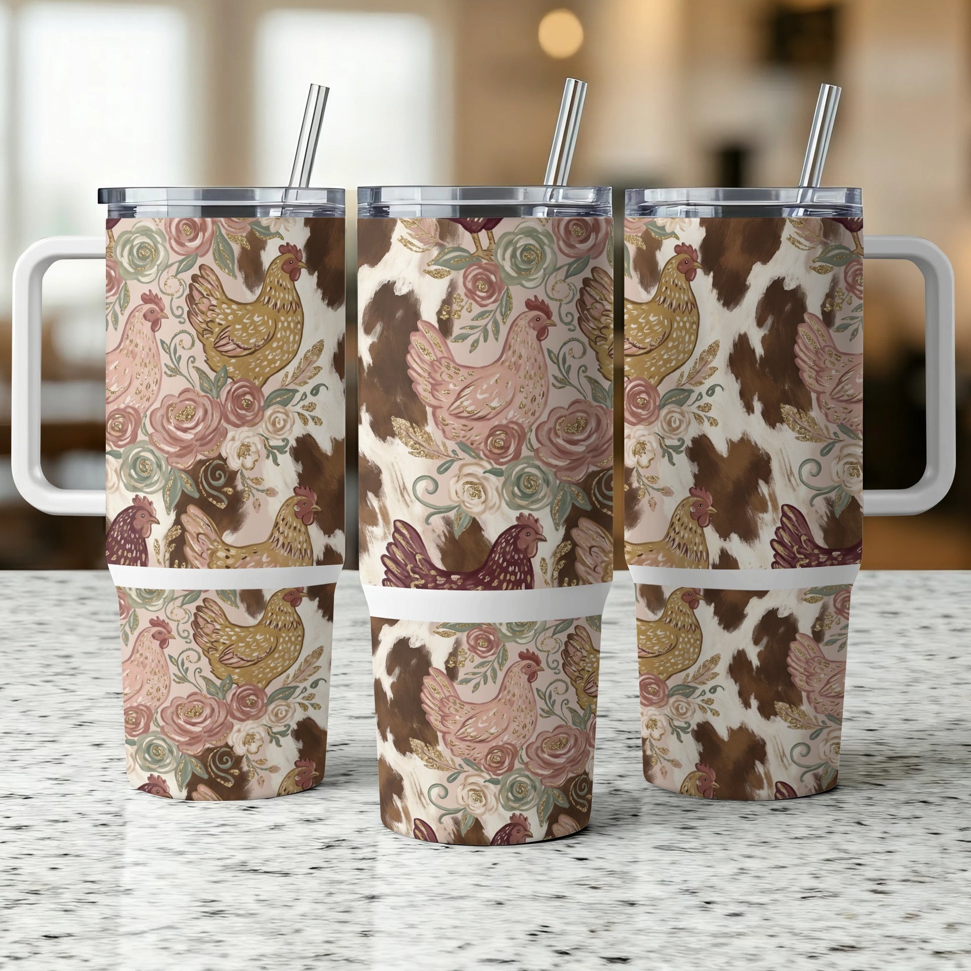 Three tumblers with chicken, cow print, and floral patterns.