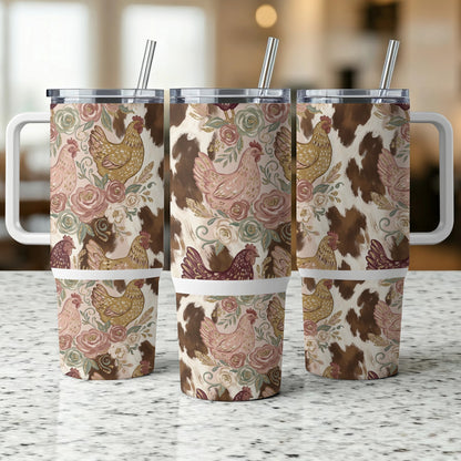 Three tumblers with chicken, cow print, and floral patterns.